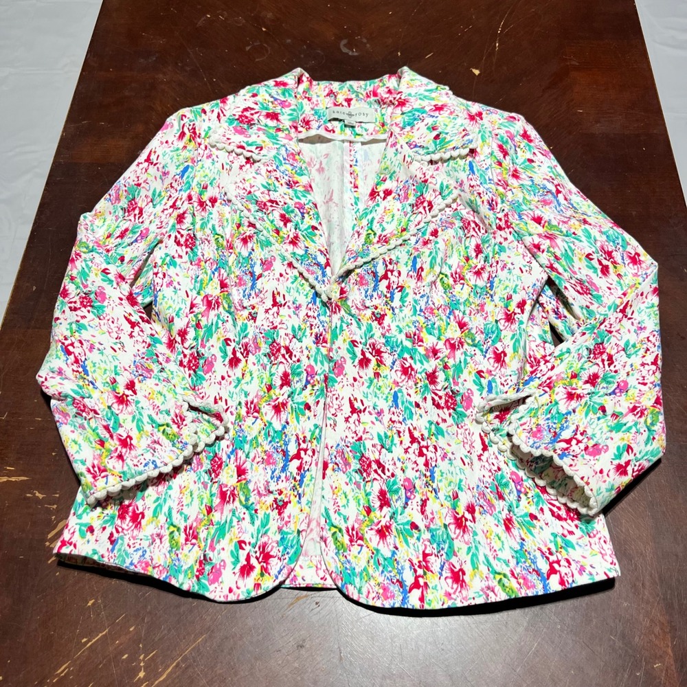 Kate & Rosy Women Floral Pom-Pom Trim Blazer Jacket White Pink Green Medium